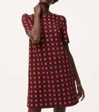 Loft Red Black Floral Jacquard Cap Sleeve Shift Knit Dress Sz XS