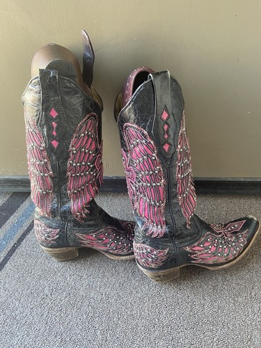 Vintage Corral A1049 schwarz & rosa Leder Cowboy Westernstiefel Flügel & Kreuz 6,5 - Bild 5 von 13