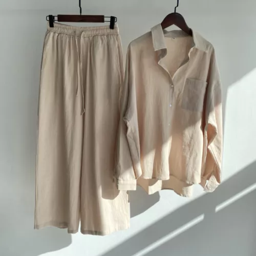 Women Lady Summer Solid Color Cotton Linen Suit Lapel Long Sleeve Top Leg Pants - Bild 31 von 42