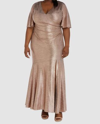 Nightway Long Metallic Fit Flare Gown - Plus, Size 14W, Rose/Gold