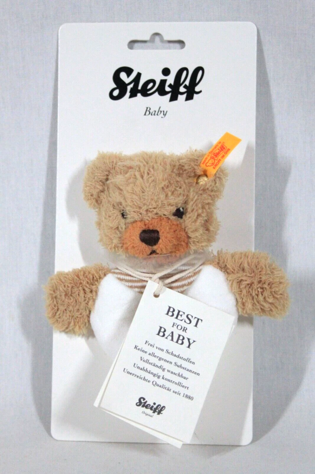 RARE! STEIFF ORIGINAL BEAR BABY WHITE SAFE TEETHING RING W/ RATTLE NEW ON CARD