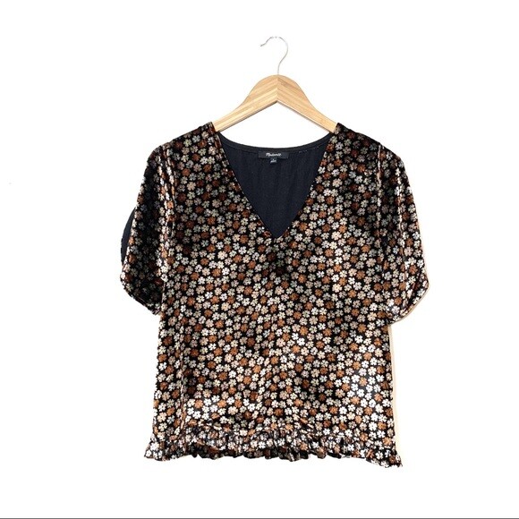 Madewell Velvet Tulip-Sleeve Ruffle Top Size S Floral Ruffle Hem V