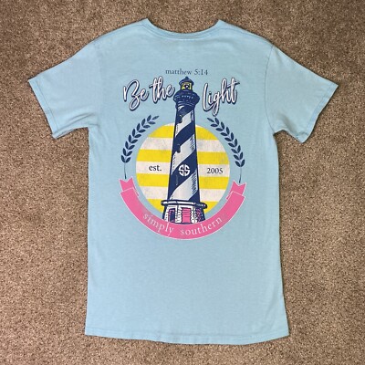 Simply Southern Shirt Womens Small Light Blue Lighthouse Be The Light *READ*