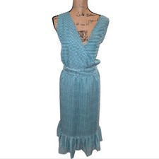 Avenue Aqua Blue Dot Print Midi Dress Sleeveless Ruffle Hem Summer Vacation 26