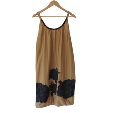 Tibi Balloon Hem Dress 2 Camel Brown Black Flower Appliqué Sleeveless Boho