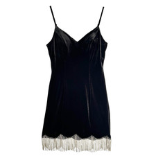 Vintage Y2k Velvet Rhinestone Fringe Party New Years Eve Little Black Dress 9 M