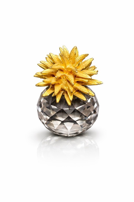MINI SWAROVSKI CRYSTAL PINEAPPLE.  GOLD PLATED TOP.  SMALL MIRROR INCLUDED.  1”