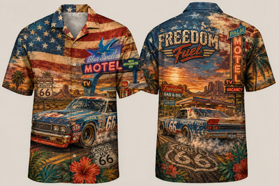 Route 66 Freedom Fuel Hawaiian Shirt Vintage American Flag Racing Car