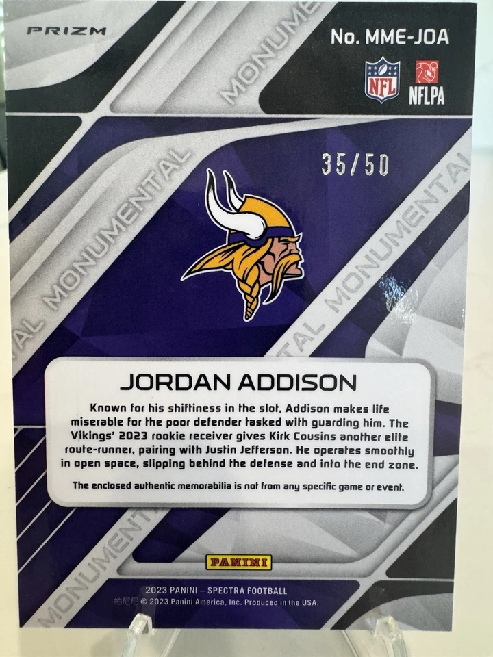 2023 Panini Spectra - Monumental Memorabilia Jordan Addison Neon Blue Prizm /50 - Image 2 of 4