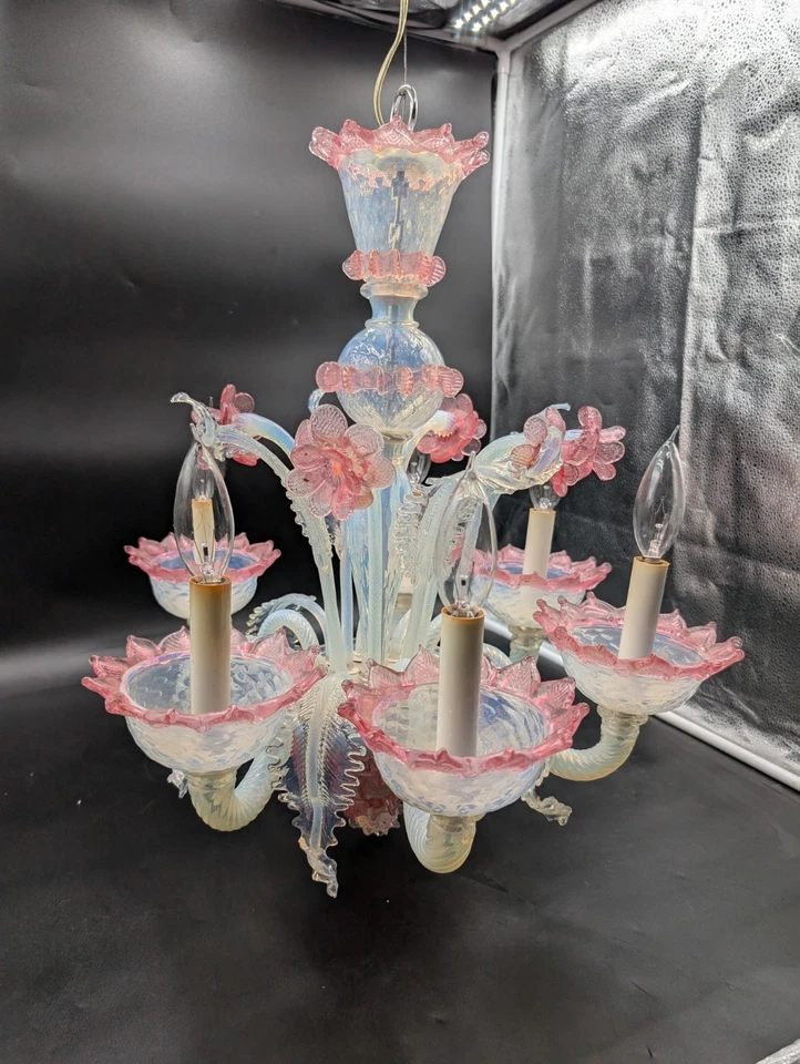 Vintage Floral Murano Art Glass Chandelier 6 Arm White Opaque Pink Venetian  - Image 4 of 4