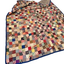 Vintage Handmade Scrap Patchwork Quilt With Blue Trim 144" x 90" See