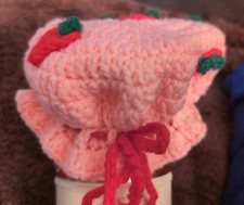Vintage Hand Knit STRAWBERRY SHORTCAKE REPLACEMENT HAT ONLY Pink Red Green Bow