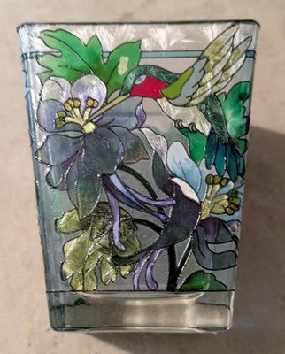 Handpainted AMIA Stained Glass Styled Hummingbird Floral Candle Votive Holder 3''