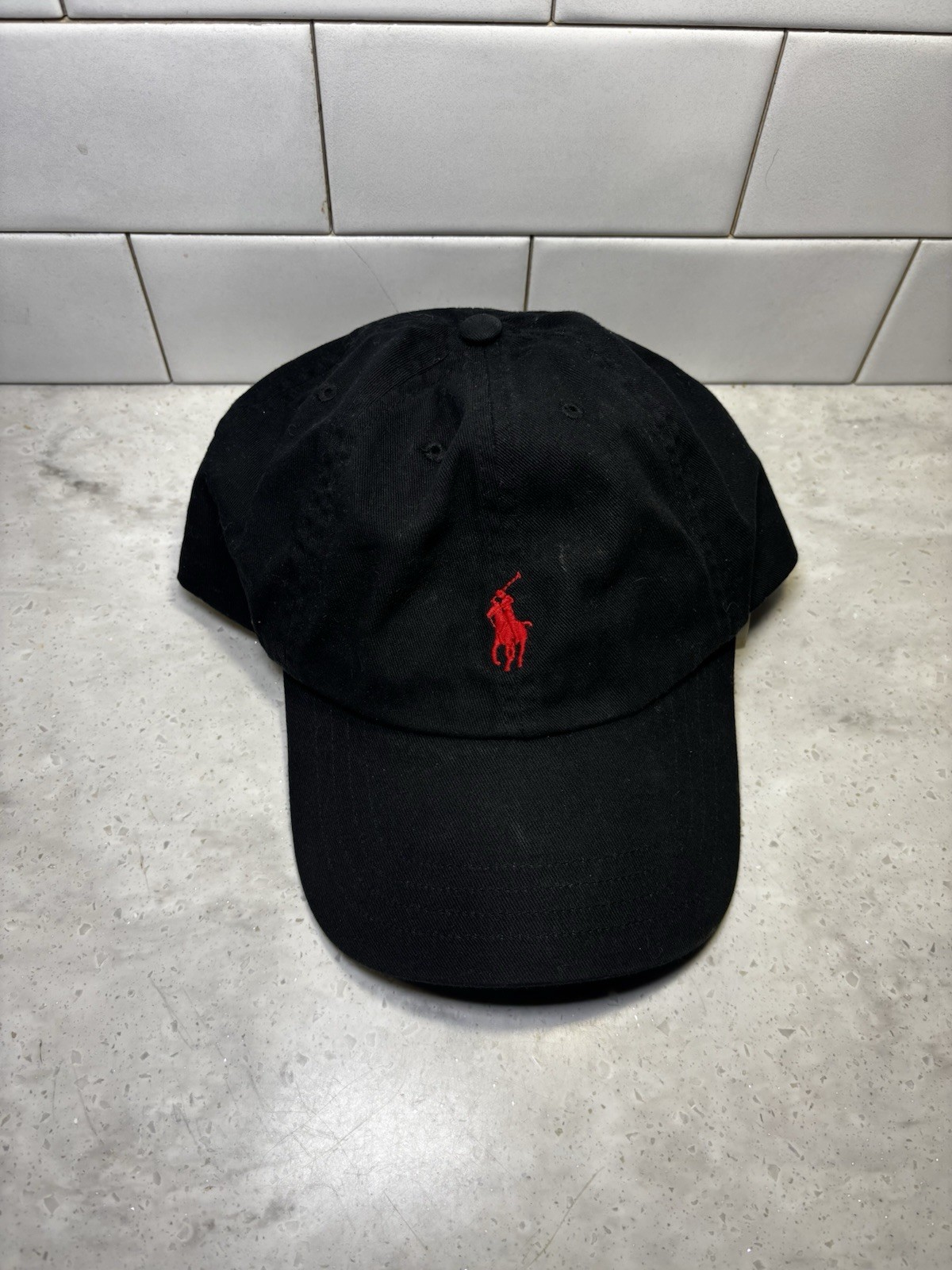 Cappello Berretto Vintage Polo Ralph Lauren Piccolo Pony Pelle Cinturino Strapback Nero Rosso
