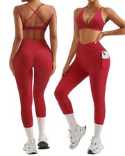 2 Piece Workout Sets for Women Strappy Sports Bra Booty Leggings with Pockets...