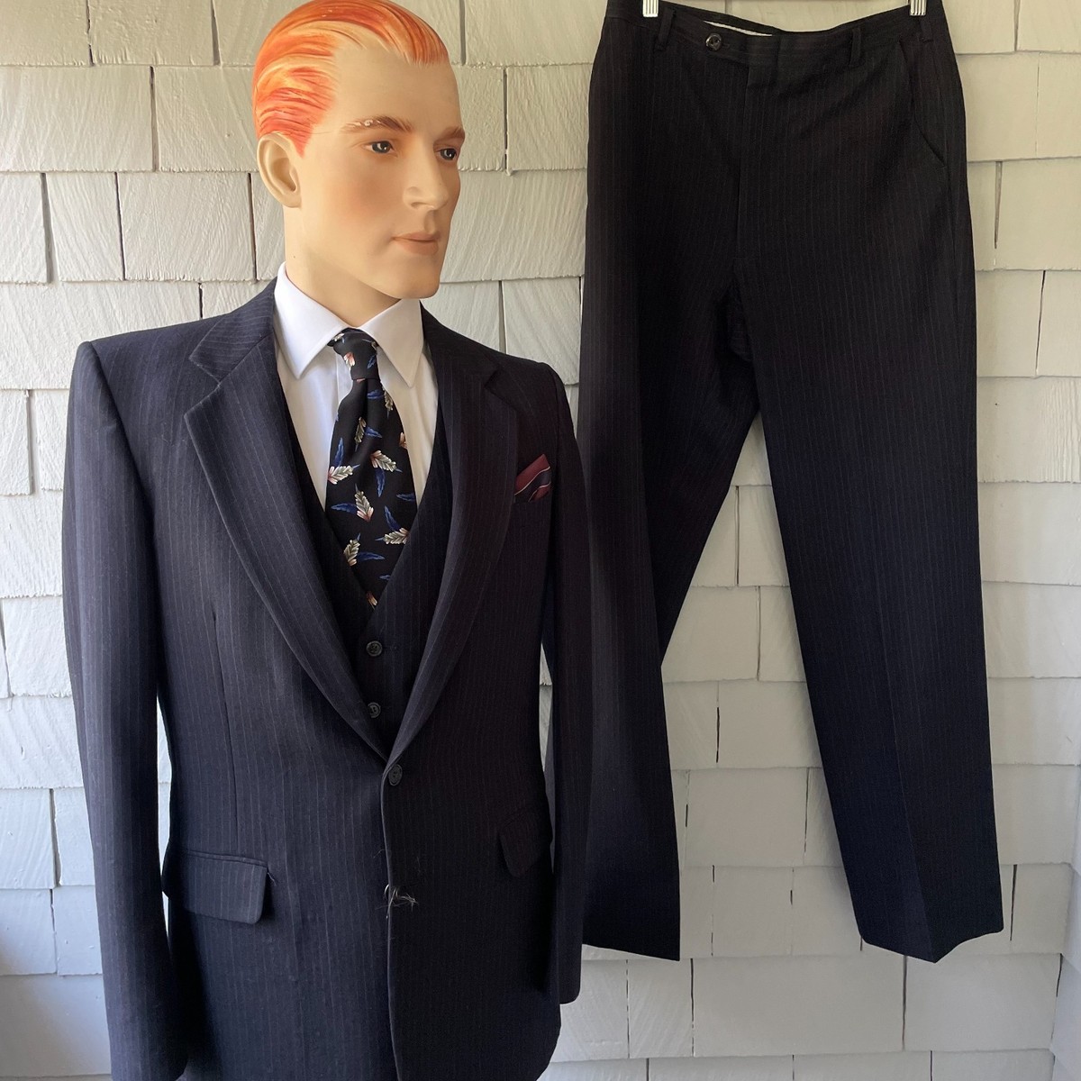80s Vintage Pierre Cardin Blue Black Pinstripe Wool Mens 3pc