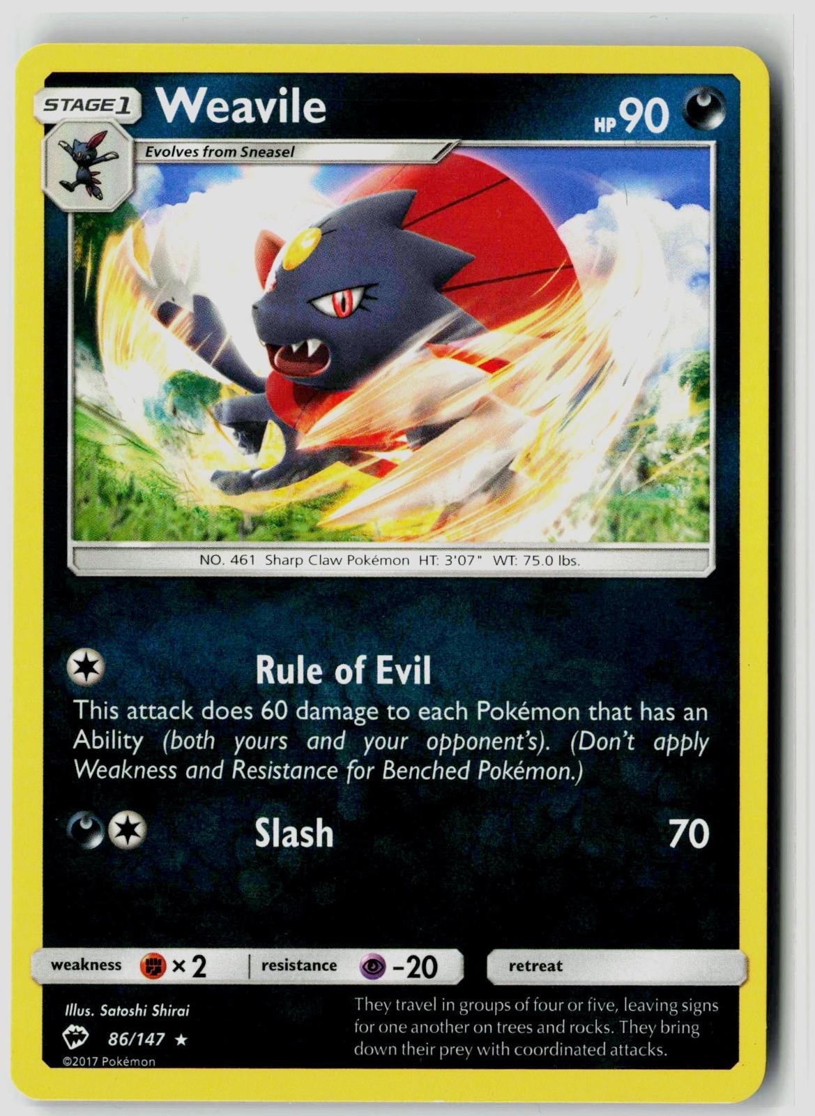 WEAVILE 86/147 BURNING SHADOWS POKEMON RARE NEAR MINT NM