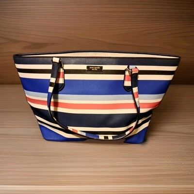 Kate Spade Laurel Way Dally Tote striped pattern in blue, red, white & black