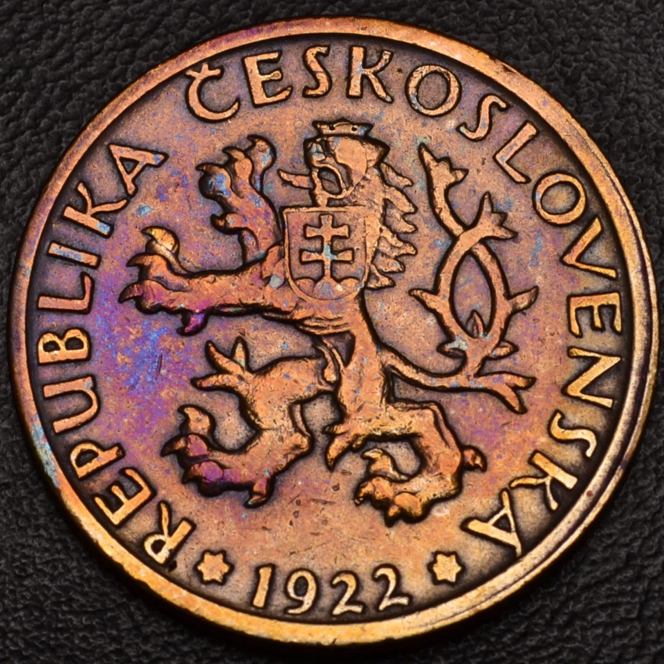 1922 Czechoslovakia 1 Koruna Coin GOLD, BLUE, & PURPLE toning (L53-13) - Image 2 of 3