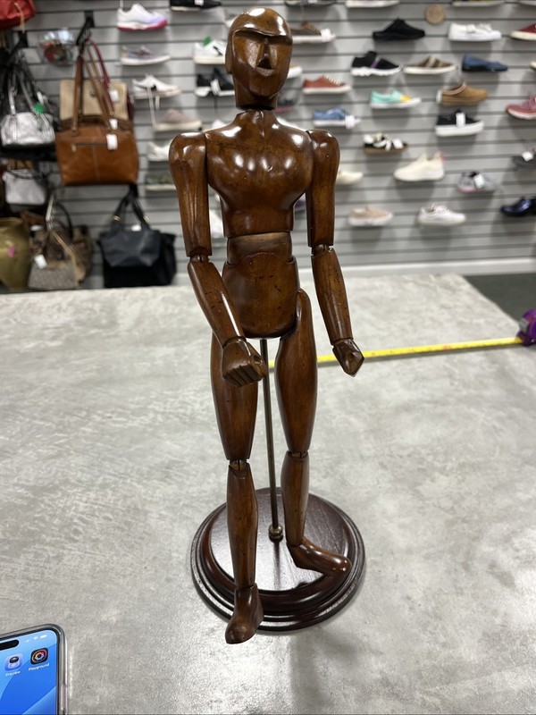 AM China Vintage Articulated Wooden Artists Model Mannequin 14" High & Stand