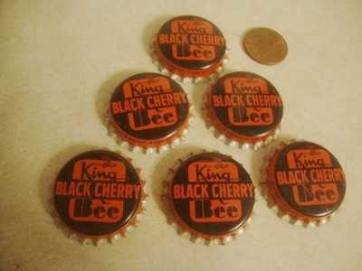 Vintage Cork Back Soda Pop Bottle Caps x6 KING BEE BLACK CHERRY with BEE Icon!