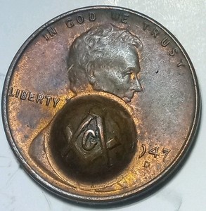 Masonic Freemason Compass & Square stamped on a 1947 Wheat  Penny