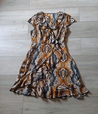 Cream Snake Print Frilled Flared Dress Mock Wrap Smart Holiday Office UK12