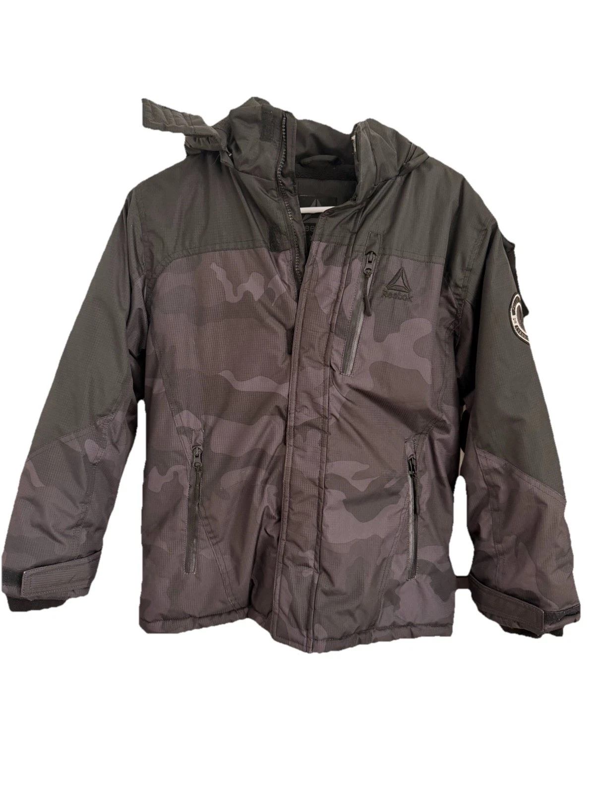Reebok Boys Camouflage Ski Jacket Hooded Zip Gray Black Size 10/12