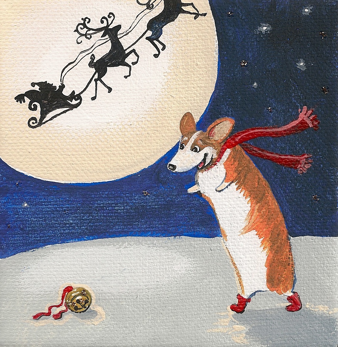 4X4 RYTA PRINT OF PAINTING PEMBROKE WELSH CORGI XMAS FOLK ART BELL Santa Gift