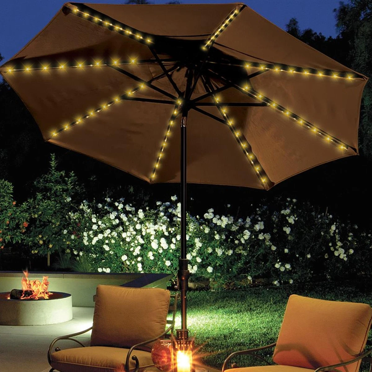 104 LED lights Solar Umbrella LED Lighted Patio Market Powered Table 8 Ribs  Tan | eBay