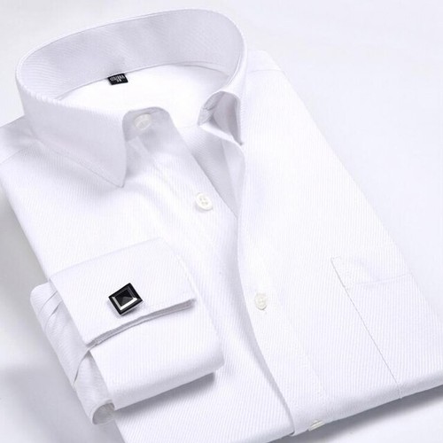 Men's Classic French Cuffs Striped Dress Shirt Single Patch Pocket Cufflink - Picture 20 of 28