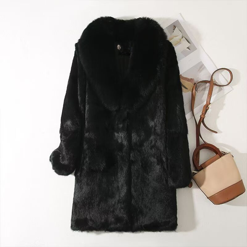 Real Rabbit Fur Coat Women's Mid Long Fox Fur Collar Jackets