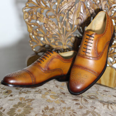 Goodyear Welted Men's Handmade Tan Leather Toe Cap Oxford