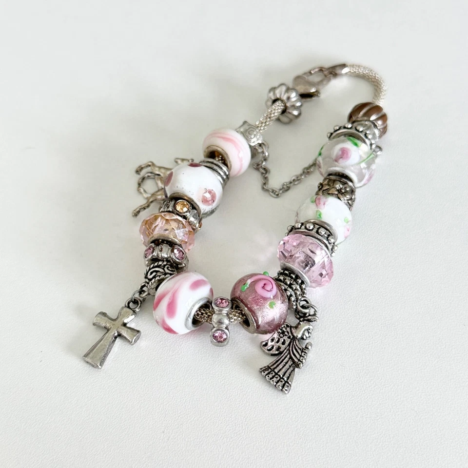 Pink Themed Silver Tone Murano Glass Beads Silver Tone Charm Bracelet 7.75" - Image 4 of 4