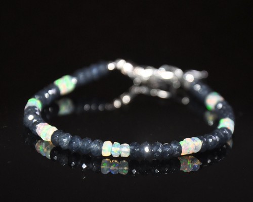 Natürlicher blauer Saphir und äthiopischer Opal Perlen Armband mit Sterlingsilber - Bild 2 von 2