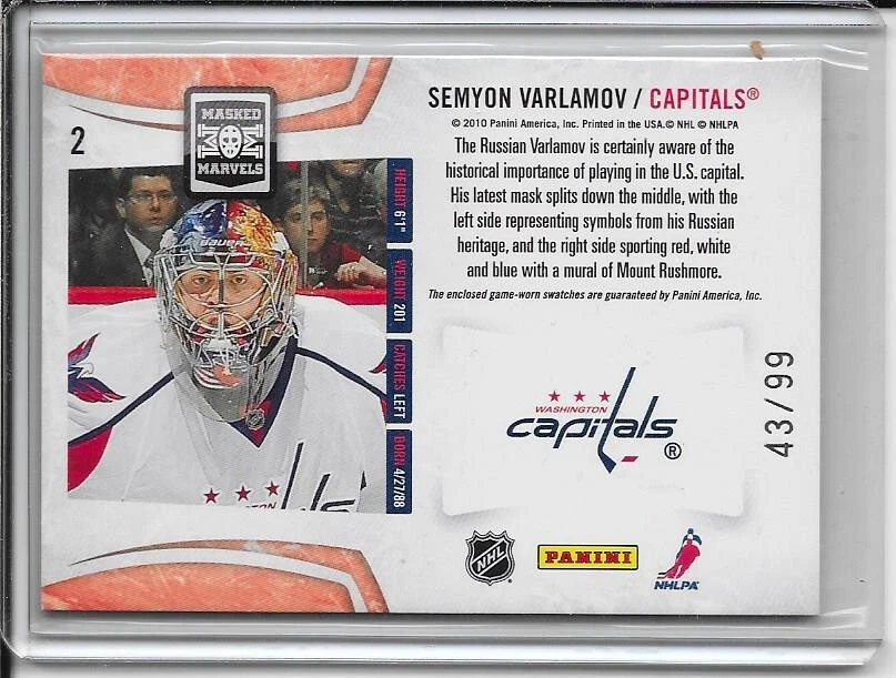 2010-11 Certified Semyon Varlamov Masked Marvels Dual Jersey # 2 #d/99 - Image 2 of 2