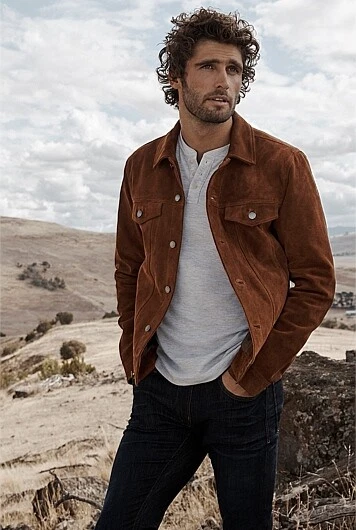 Brown Leather Trucker Jacket for Men Pure Suede Custom Made Size S M L XXL 3XL