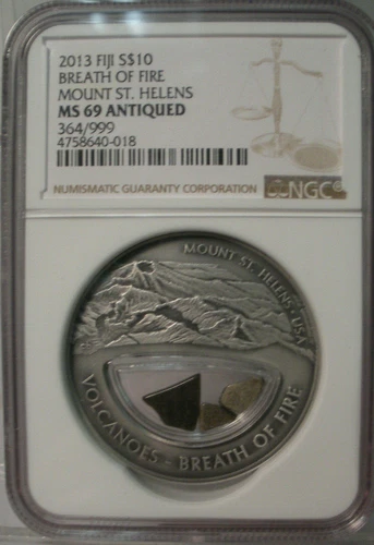 2013 FIJI S$10 BREATH OF FIRE MOUNT ST. HELENS NGC MS 69 ANTIQUED SILVER 364/999