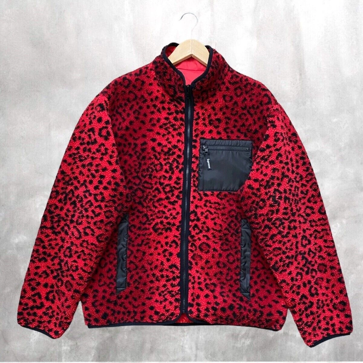 Supreme Jacket Size Large Red Leopard Nylon Fleece Reversible Zip