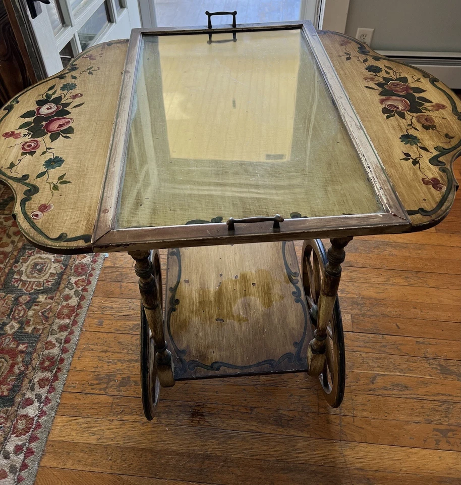 Impresionante carro de bar/carrito de té antiguo vintage de madera y vidrio barra para servir Foto 3 de 4