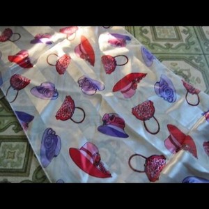 Fashionable Pink & Purple Hats & Purses White Background Silky Polyester Scarf