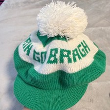 Vintage 1980s Erin Go Bragh Pom Pom Knit Visor Hat Green White USA