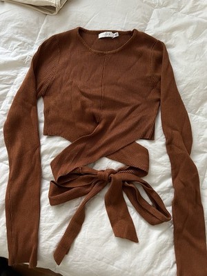 Lush Womens Size S Rust Colored Criss Cross Back Tie Long Sleeve Crop Top