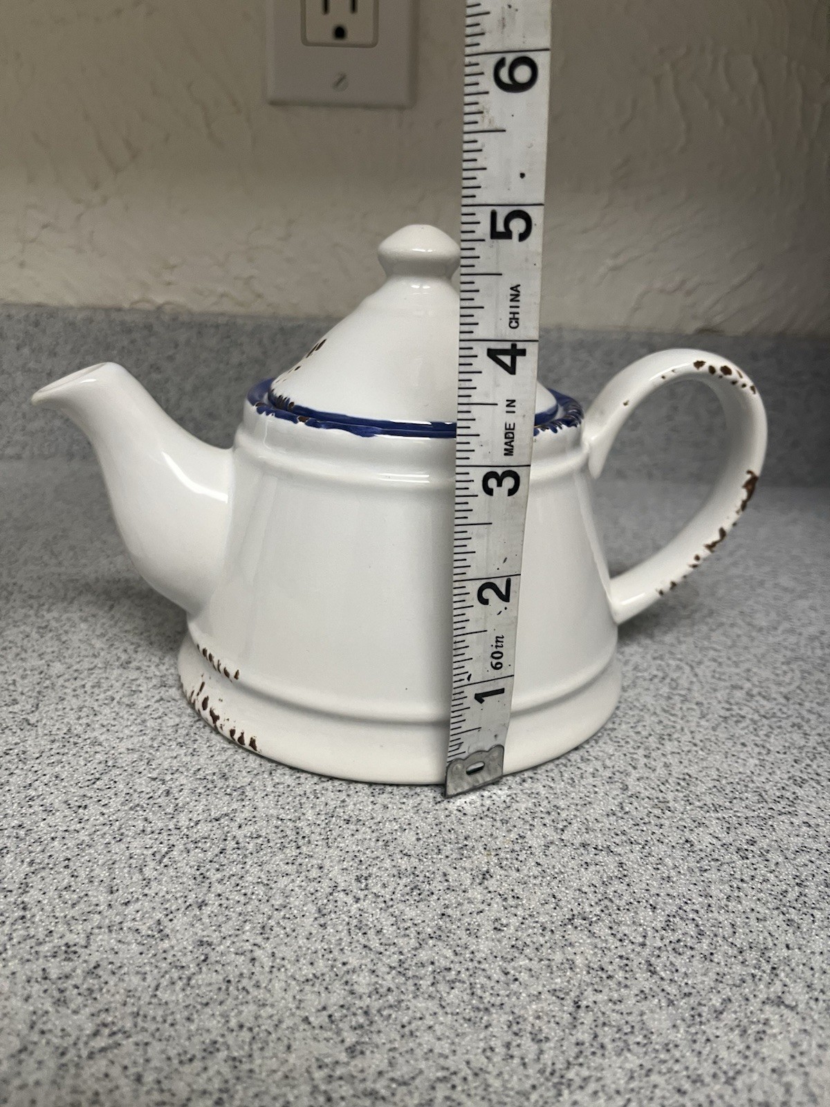 White Ceramic Teapot Distressed Blue Rim Farmhouse Rustic Kitchen Decor 6” 