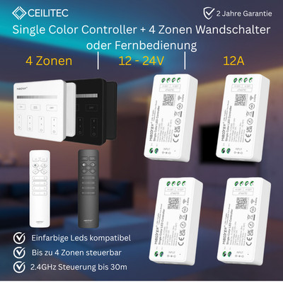 Miboxer Led Controller für Single Color 12V 24V Dimmer 12A 4 Zonen RF Wandpanel