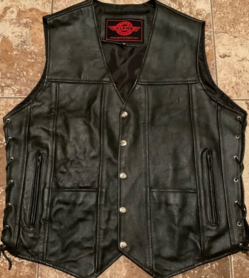 ALPHA CYCLING GEAR RIDING VEST BUTTON SNAP ( MENS M ) BLACK LEATHER LINED