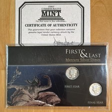 Mercury Dimes 1916 & 1945 P Business Strike 90% Silver 10C Set w/ COA