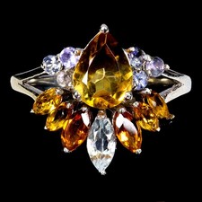 925 Sterling Silver Ring Pear Citrine 8x6mm Tanzanite Gemstone Jewelry Size 8