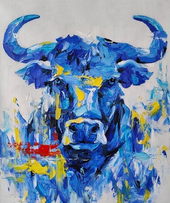 Contemporary Blue Bull Artwork - Handmade Impasto Style Canvas Painting