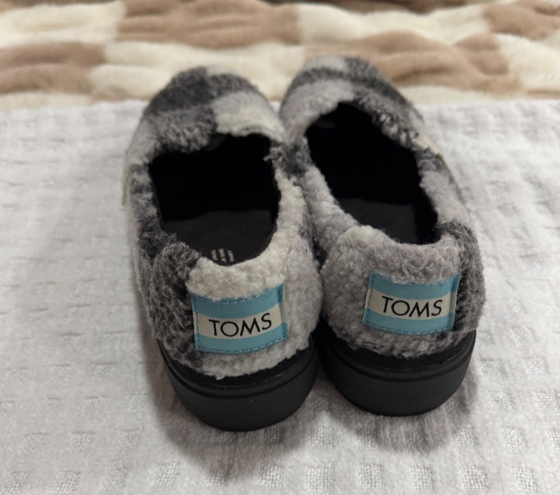 TOMS Fuzzy Black and Gray Checkered Platform Slip-Ons